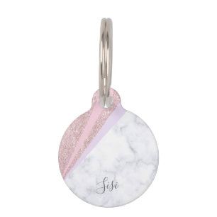 Elegant geometric rose gold glitter white marble pet ID tag
