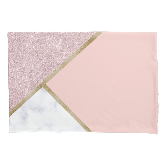 Elegant geometric rose gold glitter white marble pillow case (Front)