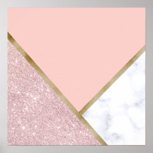 Elegant geometric rose gold glitter white marble poster