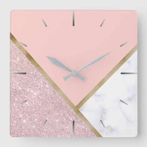 Elegant geometric rose gold glitter white marble square wall clock