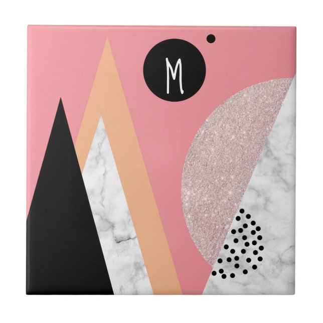 Elegant geometric rose gold glitter white marble tile (Front)