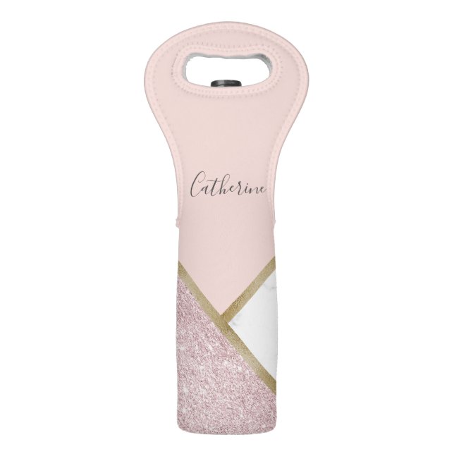 Elegant geometric rose gold glitter white marble wine bag (Front)