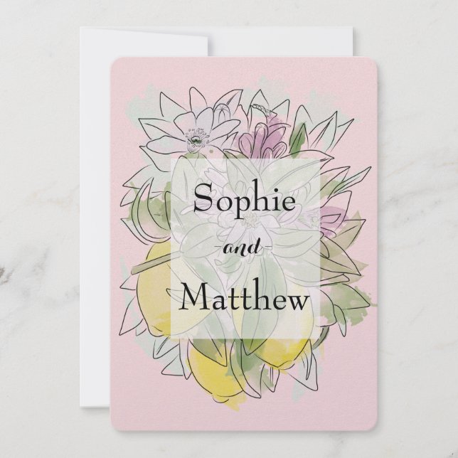 Elegant Geometric Rustic Greenery lemon Pink Invitation (Front)