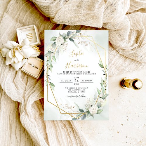 Elegant Geometric Sage and Gold Greenery Wedding Invitation