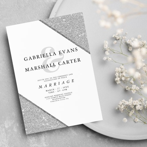 Elegant geometric silver ampersand glitter wedding invitation