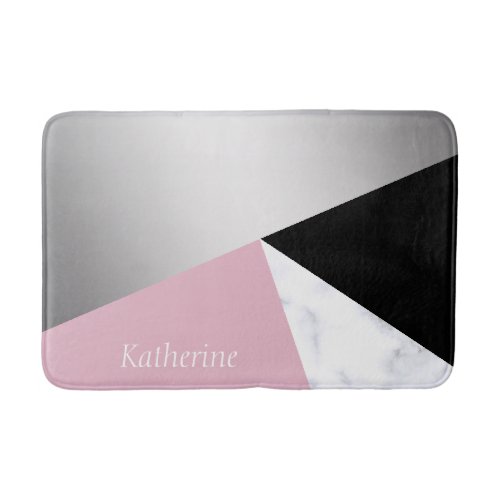 Elegant geometric silver white marble pink black bath mat