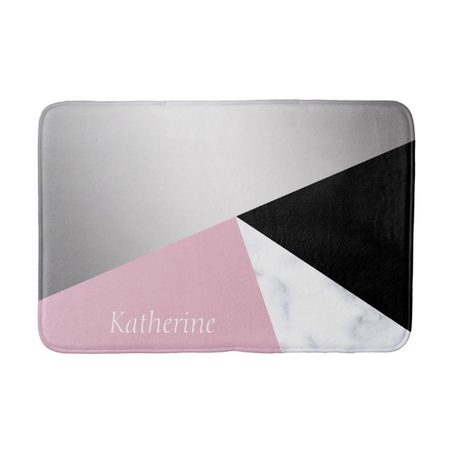 Elegant geometric silver white marble pink black bath mat (Front)
