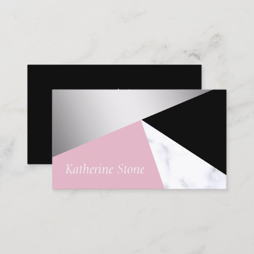 Elegant geometric silver white marble pink black business card