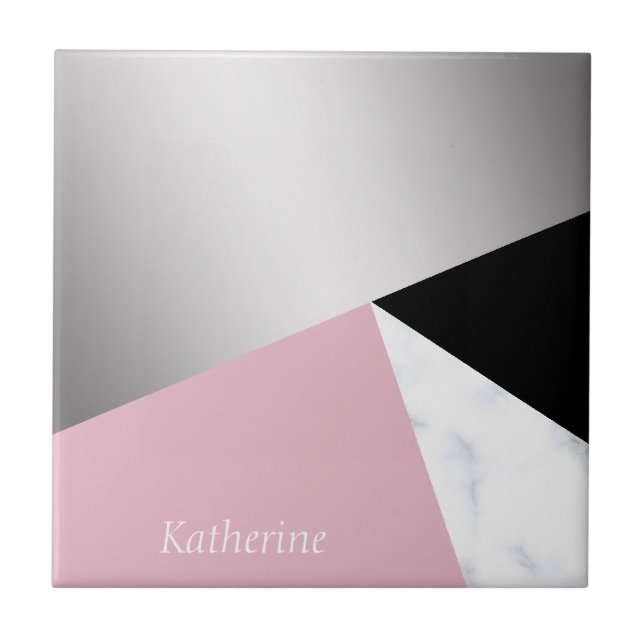 Elegant geometric silver white marble pink black ceramic tile (Front)