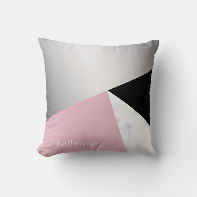 Elegant geometric silver white marble pink black throw pillow (Front)