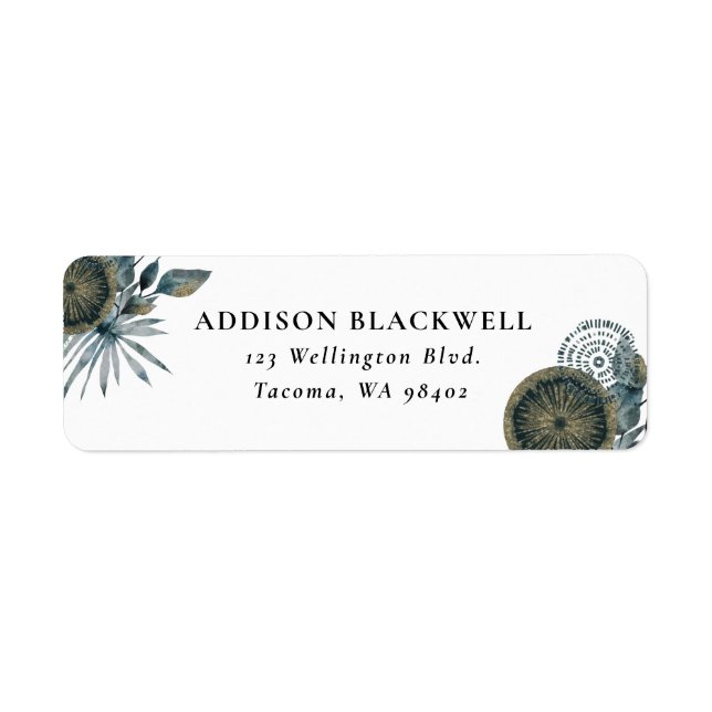 Elegant Geometric Teal Blue Gold Leaves Label (Front)