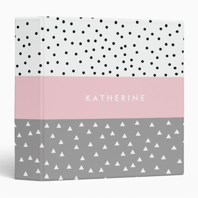 Elegant geometric triangles & dots in grey & pink 3 ring binder (Front/Spine)