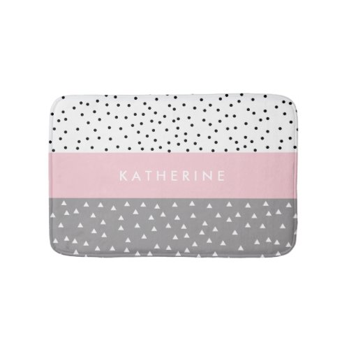 Elegant geometric triangles  dots in grey  pink bath mat