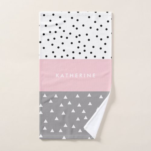 Elegant geometric triangles  dots in grey  pink bath towel set
