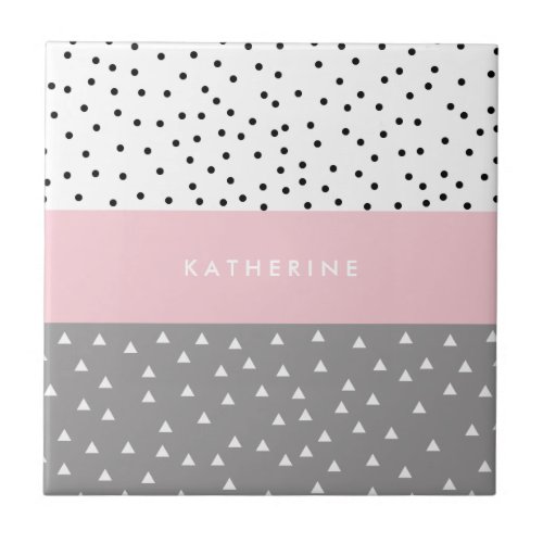 Elegant geometric triangles  dots in grey  pink ceramic tile