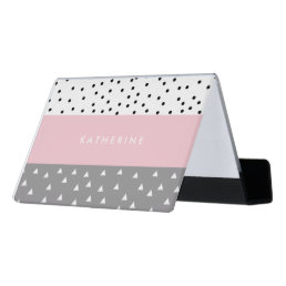 Elegant geometric triangles &amp; dots in grey &amp; pink desk business card holder