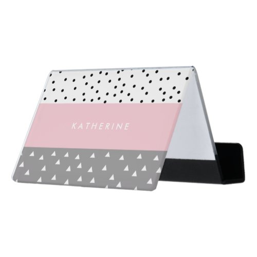 Elegant geometric triangles  dots in grey  pink desk business card holder