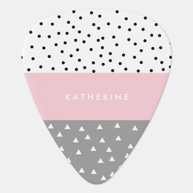Elegant geometric triangles & dots in grey & pink guitar pick (Front)