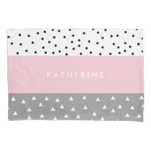 Elegant geometric triangles & dots in grey & pink pillow case