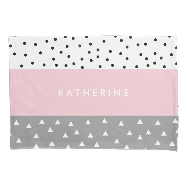 Elegant geometric triangles & dots in grey & pink pillow case (Front)