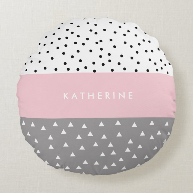 Elegant geometric triangles & dots in grey & pink round pillow (Front)