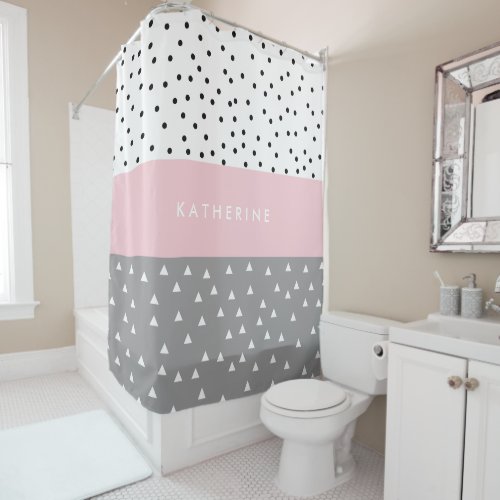 Elegant geometric triangles  dots in grey  pink shower curtain