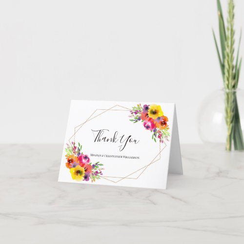 Elegant Geometric Watercolor Floral Photo Wedding Thank You Card