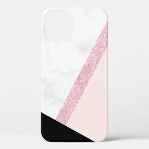 Elegant geometric white marble rose gold glitter iPhone 12 case