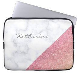 Elegant geometric white marble rose gold glitter laptop sleeve