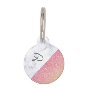 Elegant geometric white marble rose gold glitter pet ID tag