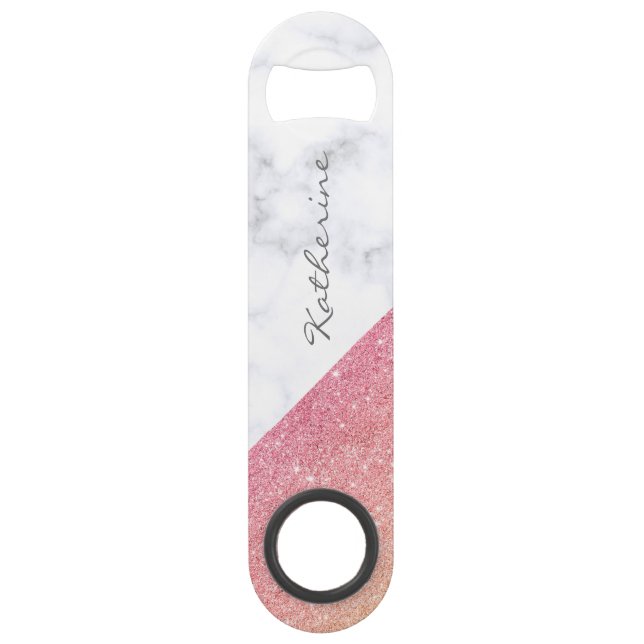 Elegant geometric white marble rose gold glitter speed bottle opener (Front)