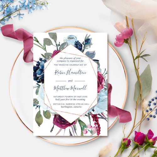Elegant Geometrical Berries Blue Floral Wedding Invitation