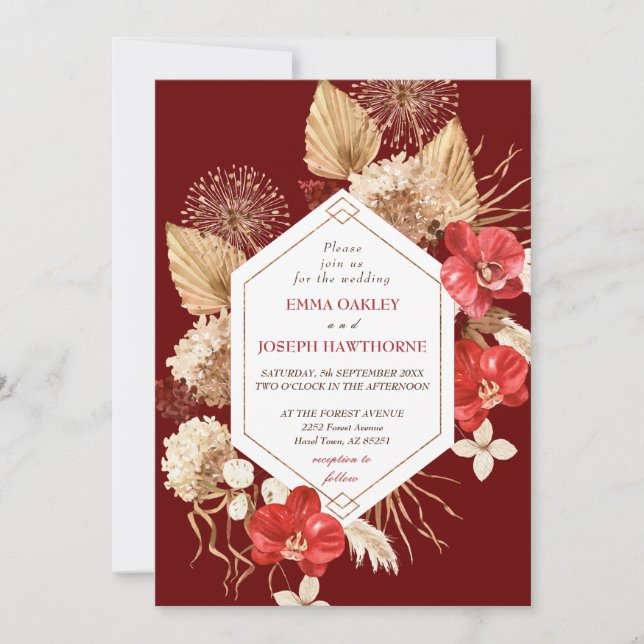 Elegant geometrical gold frame red orchid Wedding Invitation (Front)