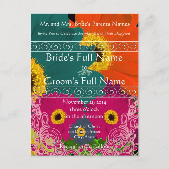 Elegant Gerber Daisy Wedding Invitation Swirls Postcard (Front)
