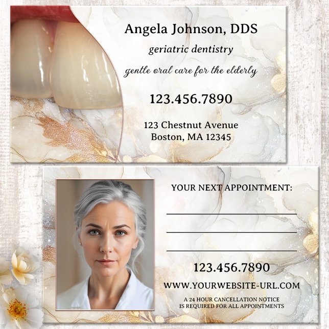 Elegant Geriatric Dentist  Appointment Card (Geriatric dentist appointment  business card with teeth of an elderly lady and a porcelain design)