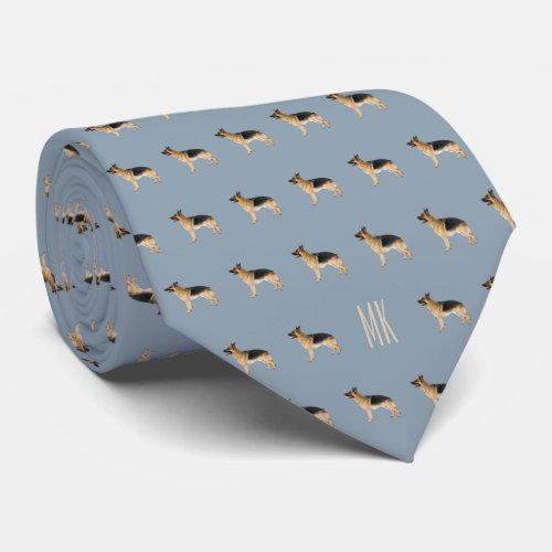 Elegant German Shepherd Pattern Monogrammed Blue Neck Tie