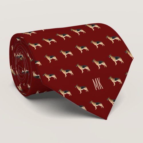 Elegant German Shepherd Pattern Monogrammed Red Neck Tie