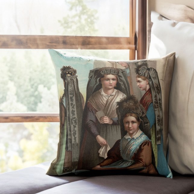Elegant German women in Tracht Antique Costumes Throw Pillow (Creator Uploaded)