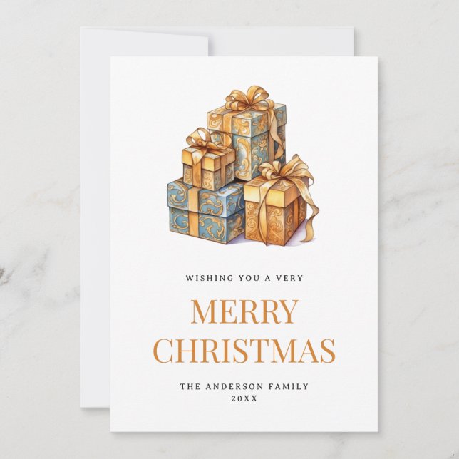 Elegant Gift Boxes Watercolor Merry Christmas Card (Front)