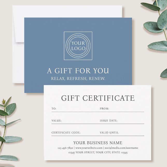 Elegant Gift Certificate Business Logo Card Blue (Creator Uploaded)