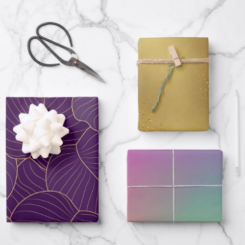 Elegant Gift Wrap Set Purple with Gold Leaves
