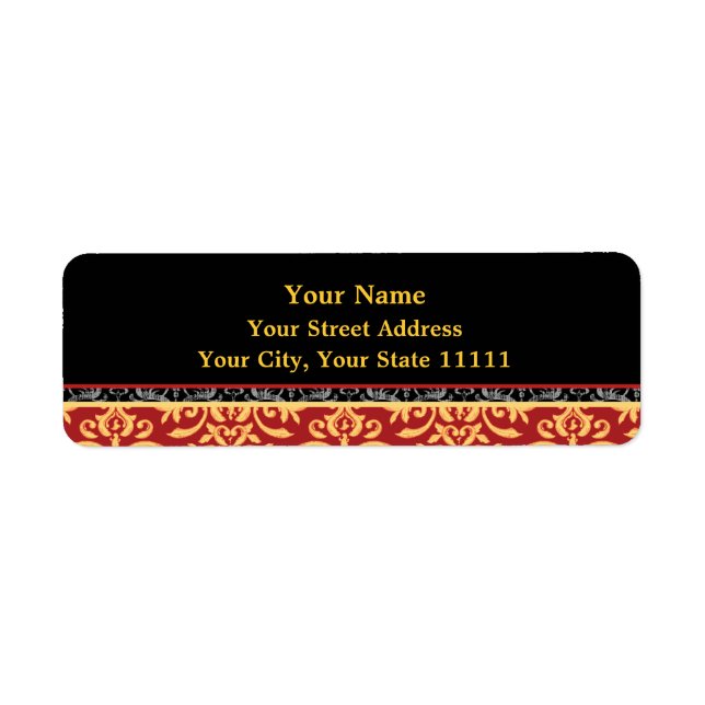 Elegant Gilded Damask Red, Black and Gold Return Label (Front)