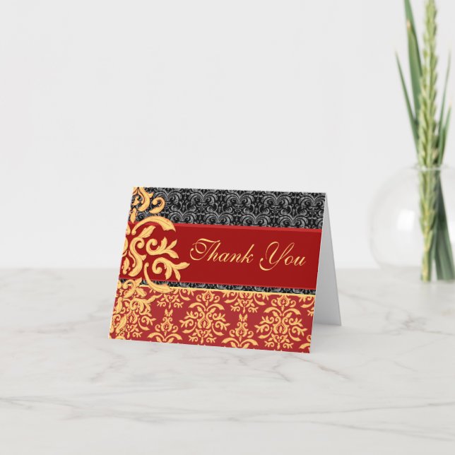 Elegant Gilded Damask Thank You Card (Front)