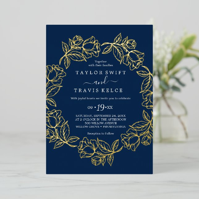 Elegant Gilded Floral Gold Foil Navy Blue Wedding Foil Invitation (Standing Front)
