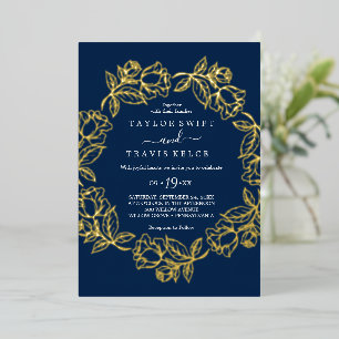 Elegant Gilded Floral Gold Foil Navy Blue Wedding Invitation
