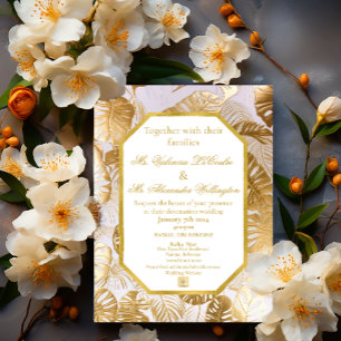 Elegant Gilded Gold Monstera Destination Wedding Invitation