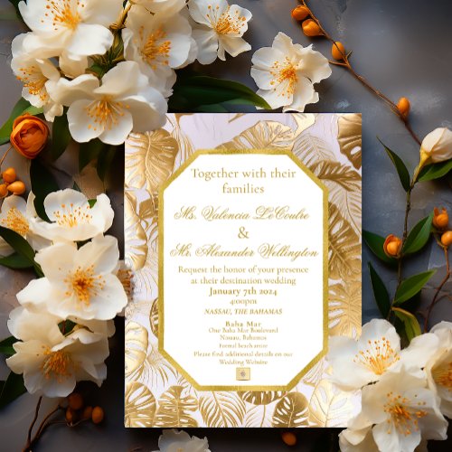 Elegant Gilded Gold Monstera Destination Wedding Invitation