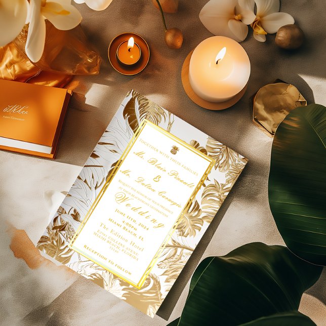 Elegant Gilded Gold Monstera Foil Invitation (Stunning gold Tropical Destination Monstera Floral Script Foil Wedding Invitation)