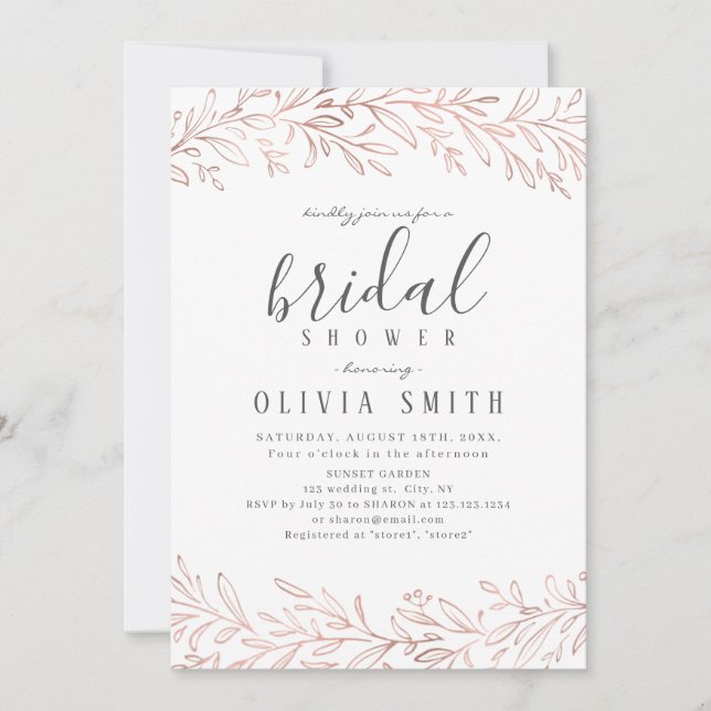 Elegant gilded rose gold botanical bridal shower invitation (Front)