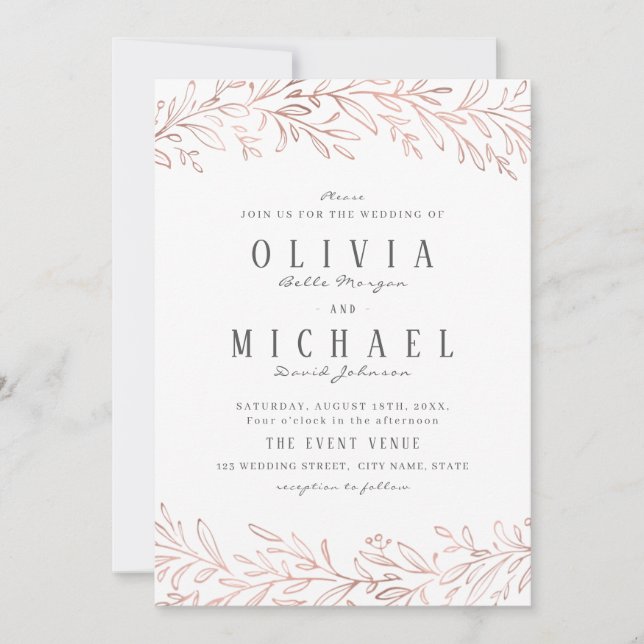 Elegant gilded rose gold botanical floral wedding invitation (Front)